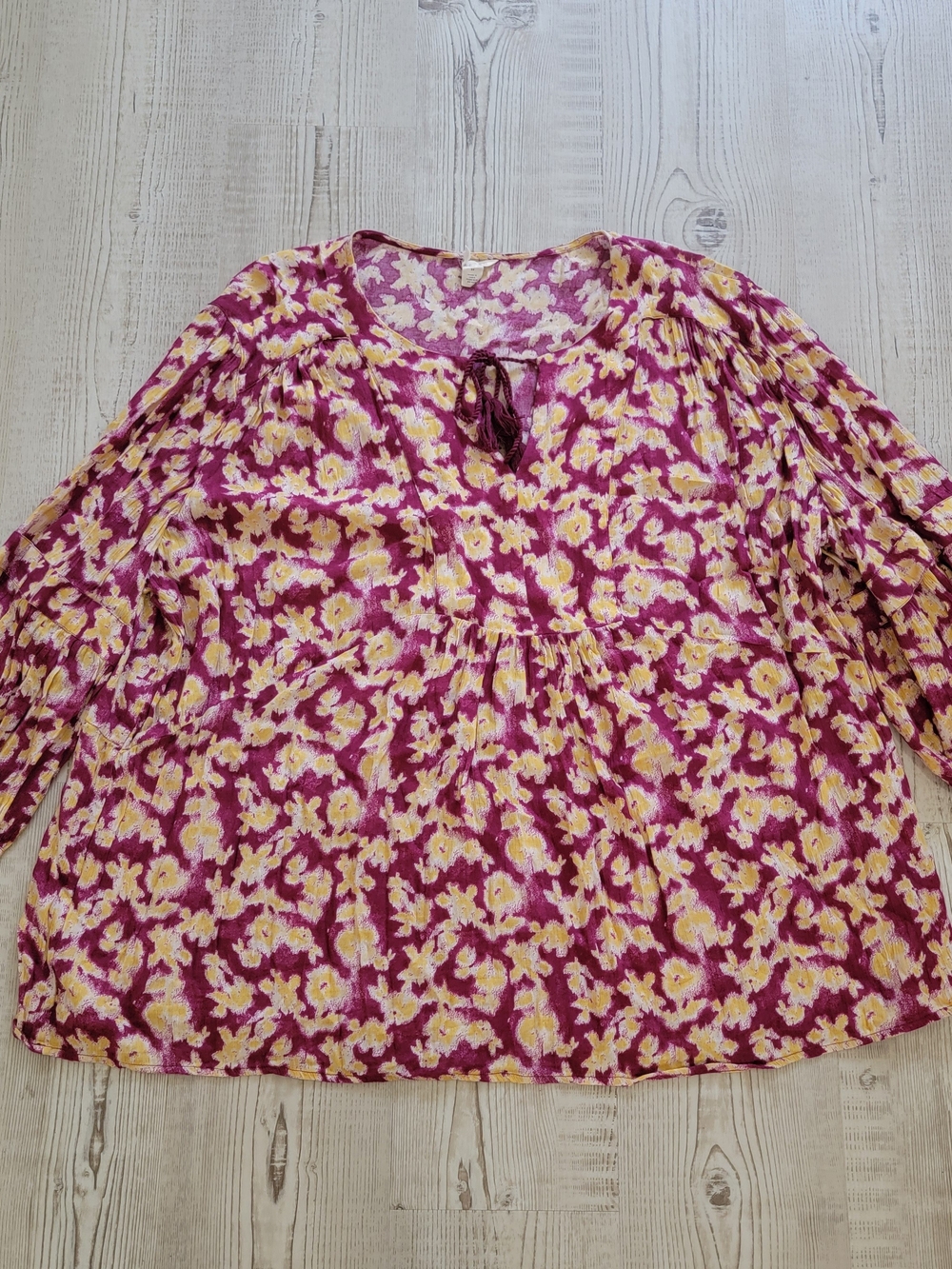 Caslon Purple Floral Tie-Neck Cotton Blend Blouse 3X Romantic Cottagecore Boho